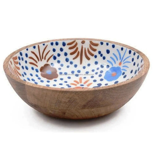 Bol de nourriture en bois massif rond imprimé à la main idéal pour les pâtes et les nouilles servant un bol de vaisselle élégant d'Inde - Product Image 3