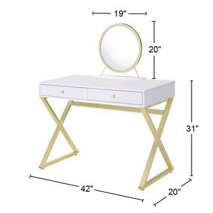 Rectangular White and Gold <b>Vanity</b> Desk with <b>Mirror</b> and Jewelry Tray Perfect Makeup <b>Vanity</b> - Product Image 3