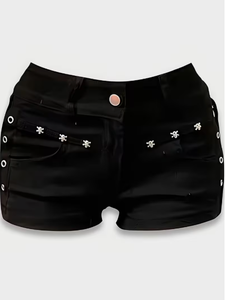 Shorts de Mezclilla de Cintura Alta para Mujer con Bordado de Estrellas y Detalles de Botones, Color Sólido, Corte Ajustado, Estilo Veraniego, Mezclilla Premium para Mujer - Product Image 6