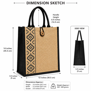 Geometric Pattern Jute Shopping <b>Bag</b> <b>Medium</b> <b>Size</b> Button Closure Hand Length Handle Groceries Use - Product Image 2