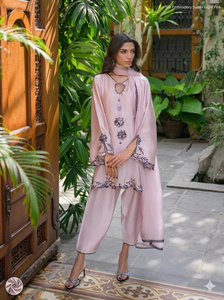 Ensemble tunique ample rose lilas de créateur 2026 avec bordure festonnée à appliques contrastantes, style pakistanais, robe à manches larges, vente en gros - Product Image 3