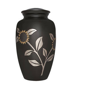 Urnas funerarias artesanales indias Urna de latón Precios bajos Diseño de girasol funerario de metal con urnas de cremación con acabado de Peltre - Product Image 1