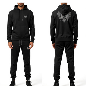 Chándal negro con capucha para hombre, con cremallera completa, bolsillo frontal, estampado de diamantes de imitación, informal, para otoño, 100% algodón. - Product Image 2