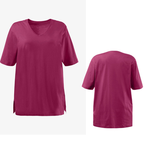 เสื้อยืดคอวีผู้หญิงไซส์ใหญ่ สีพื้น ทรงหลวม สวมใส่สบาย ผลิตจากผ้าฝ้าย รับผลิตแบบ OEM ODM ขายส่งจากโรงงาน - Product Image 1
