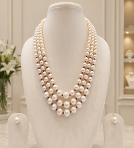 Exclusive Premium Quality Freshwater Pearl <b>Long</b> Mala Pearls 3 Row 925 Silver Gold Plated Trendy <b>Necklace</b> Earring Set Women Girls - Product Image 1