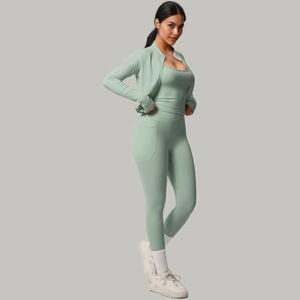 Women Yoga Set 3 Piece Activewear Set Zipper Jacket Sports Bra High Waist <b>Shorts</b> Workout Outfit - Product Image 3