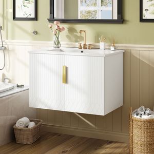 Mobile Bagno Vintage da 30 Pollici con Lavabo Singolo in Ceramica a 3 Fori, 2 Armadietti con Chiusura Ammortizzata, Stile Retrò - Product Image 4