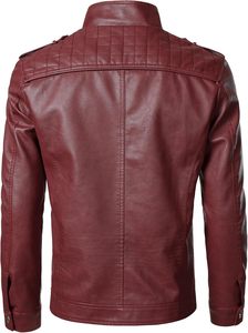 <b>Men's</b> Burgundy PU <b>Leather</b> Moto Biker <b>Jacket</b> Stand Collar Zipper Front Solid Color Regular Sleeve Winter Style Hooded - Product Image 3