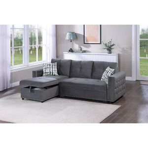 Divano Sezionale Convertibile 2 Pezzi in Velluto Grigio con Letto Estraibile, Chaise Longue Contenitore e Dettagli Trapuntati, Reversibile, per Soggiorno - Product Image 2