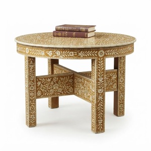 Mesa de Centro Redonda con Incrustaciones de Hueso Indio, Diseño Floral de Lujo, Mesa de Centro con Incrustaciones de Hueso de Camello, Muebles de Madera Personalizados para Sala de Estar - Product Image 1