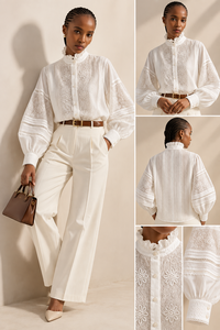 Women's <b>White</b> <b>Lace</b> Blouse With Ruffled Collar Balloon Sleeves Floral Embroidery Prairie Chic Style Loose Fit Full Sleeve - Product Image 5
