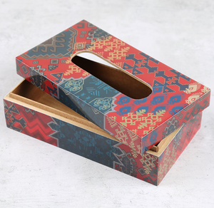 Oriental Modern Style Wood Printed <b>Tissue</b> Box With Red Blue <b>Pattern</b> <b>Paper</b> Design Convenient For Home Office Decor - Product Image 1