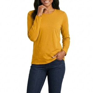 T-shirt décontracté pour femme, col rond, manches courtes, tricoté, coupe classique, respirant, écologique, séchage rapide, jaune moutarde, 100% coton - Product Image 3
