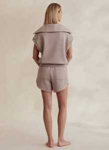 Women's Beige <b>2</b> <b>Piece</b> Shorts <b>Set</b> Loose Fit Turn-down Collar Zipper <b>Top</b> - Product Image 4