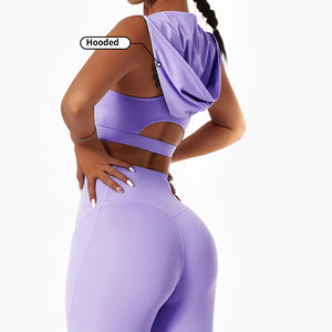 Ensemble de yoga pour femme : Crop top violet à col en V et dos nageur, leggings longs taille haute sans coutures avec poches - Product Image 3