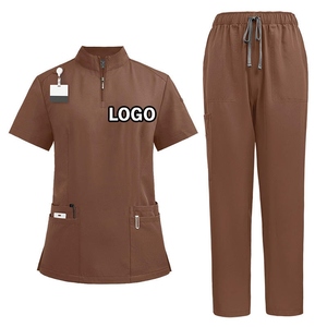 Women's Coral V-Neck <b>Scrub</b> <b>Set</b> With Pockets Knitted Cotton Polyester Hospital Uniforms Short Sleeve Pants - Product Image 4