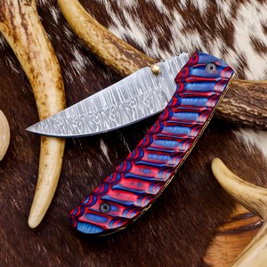 Couteau pliant tactique en acier Damas, manche en bois Pakka, étui de transport vertical, OEM/ODM personnalisé - Couteau de chasse EDC - Product Image 3