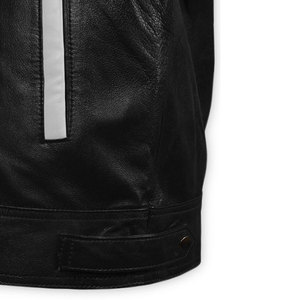 Blouson de moto en cuir véritable pour homme, noir et blanc, col rabattu, fermeture éclair, coupe classique, pour l'automne - Product Image 6