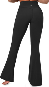 High Waist <b>Flared</b> Leg Yoga <b>Leggings</b> Full Length Solid Black Spandex Polyester Four-Way Stretch Seamless Elastic Waist - Product Image 2