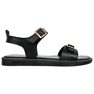 IR COLLECTION Sandales plates gladiateur en cuir noir de qualité supérieure pour femme, à double boucle, style coréen, légères et confortables, tendance - Product Image 4