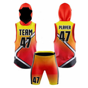 Conjunto de Camiseta sin Mangas con Capucha y Pantalones Cortos Sublimados Personalizados en Amarillo Dorado con Rayas Diagonales, Uniforme de Baloncesto 7v7, Proveedor Mayorista OEM 47 - Product Image 1