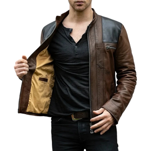 <b>Mens</b> <b>Brown</b> Black Genuine <b>Leather</b> Streetwear <b>Jackets</b> Shoulder Panels Stand Collar Zip Front Chest Pocket Premium Custom Outerwear - Product Image 3