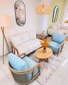 Luxury Teak Wood Living Room <b>Sofa</b> Set with Upholstered Lounge Chairs and Round Coffee <b>Table</b> for Hotel Villa - Product Image 1