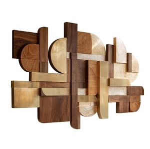 Arte Geométrico de Pared de Fabricación India, Marco con Acabado de Latón, Incrustaciones de Estilo Madera, Decoración Metálica Rectangular Hecha a Mano para Decoración de Pared - Product Image 2