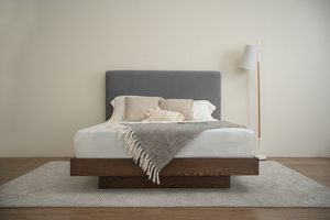 Lit plateforme en bois de style japonais, taille Queen, avec base flottante et tête de lit capitonnée, cadre de lit, mobilier de chambre à coucher de luxe - Product Image 6