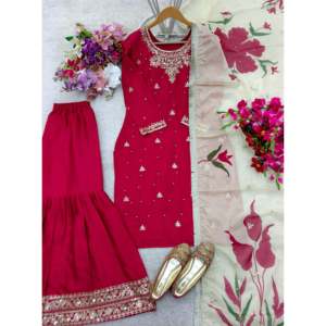 Vestidos de Noche Rojos con Hermoso Trabajo de Moti FD, Ropa de Fiesta, Top Sarara Dupatta, Talla L - Product Image 6