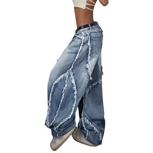 Jean en denim ample et respirant pour femme, coupe haute et large, style vintage délavé aux enzymes, bords effilochés, coupe décontractée, streetwear, longueur complète - Product Image 5