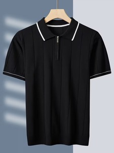 High Quality Men Solid <b>Zip</b> for Shirt Soft Ribbed Knit Short Sleeve Lightweight Breathable Casual Summer ODM - Product Image 2
