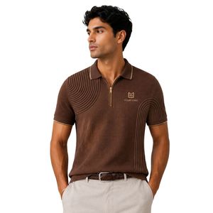 Polo de Punto Personalizado para Hombre en Color Marrón con Cierre Dorado, Manga Corta, Tejido Texturizado de Lujo, Logotipo Personalizado, Diseño de Golf, OEM - Product Image 1