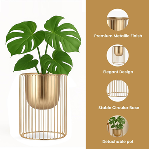 Modern Iron Metal Planter with Cylindrical <b>Wire</b> Cage Stand Stylish Indoor Decorative <b>Flower</b> Pot for Home and Office Decor - Product Image 2