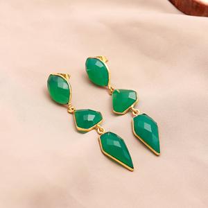 Handmade Green Onyx Faceted Fancy Shape Gemstone <b>Stud</b> <b>Earrings</b> Vermeil Gold Bezel <b>Set</b> for Wedding Anniversary or Gift - Product Image 3