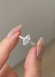Custom Marquise Lab Grown Diamond Engagement <b>Ring</b> 14K 18K Solid <b>Gold</b> Half Bezel <b>Set</b> Solitaire Round Pave Anniversary Jewelry - Product Image 2