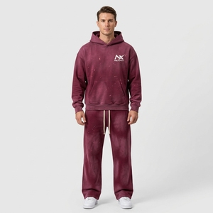 <b>Men</b>’s <b>Burgundy</b> Vintage Wash Tracksuit Set Oversized <b>Hoodie</b> & Wide Leg Sweatpants 2 Piece Casual Streetwear Set - Product Image 1