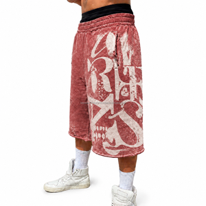<b>Men's</b> Red Corduroy Bermuda <b>Shorts</b> With <b>White</b> Letter Print Elastic Waist Street Style Pocket Design - Product Image 1