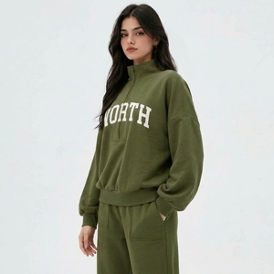 Sweat-shirt oversize pour femme en molleton et coton/élasthanne, brodé, col montant, pull-over, imprimé North, poches avant, automne - Product Image 3