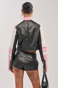 Chaqueta de Moto para Mujer, Impermeable, Cortavientos, de Cuero PU Recubierto, Manga Larga, Cuello Alto, Bloques de Color, Cierre de Cremallera con Piel Sintética, Otoño - Product Image 2