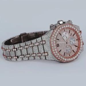 Montre chronographe de luxe style offshore avec diamants Moissanite VVS clairs, accents en or rose bicolore, boîtier en acier inoxydable, mouvement mécanique - Product Image 2