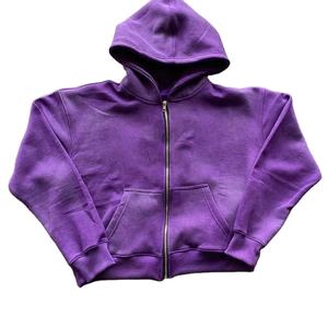 Custom Drop Shoulder Distressed 100% Cotton Washed Blank <b>Zip</b> <b>up</b> Vintage Boxy <b>Cropped</b> Cut and Sew Oversized <b>Hoodies</b> for Men - Product Image 1