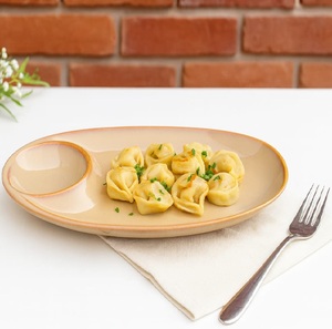 Cream <b>Ceramic</b> Serving <b>Plate</b> with Sauce Compartment Modern Oval Snack <b>Plate</b> with Dip Bowl Beige Oval <b>Ceramic</b> Appetizer <b>Plate</b> - Product Image 1
