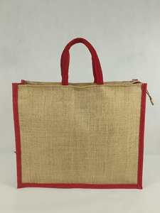 Natural Jute <b>Tote</b> Shopping <b>Bag</b> Red Fabric Trim Rope Handles <b>Zipper</b> Closure-Reusable Eco-Friendly Wedding Exhibition Grocery <b>Bag</b> - Product Image 4