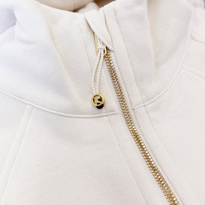 <b>Women's</b> <b>Cream</b> Hooded Sweatshirt Full Sleeve Solid Color <b>Fleece</b> Half Zipper Front Breathable Autumn Casual Wear - Product Image 6
