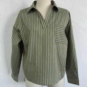 Blusa Holgada a Rayas de Manga Larga, Estilo Ejecutivo, Tela Popelina con Botones, Informal y para el Trabajo, Verde Oliva - Product Image 6