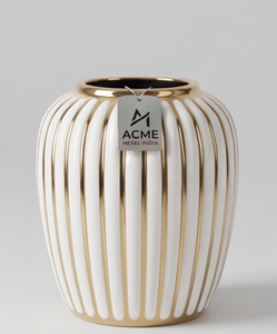 Premium Metal White <b>Vase</b> With <b>Gold</b> Stripes Modern Handmade Tabletop Accessories For Home Decoration - Product Image 1
