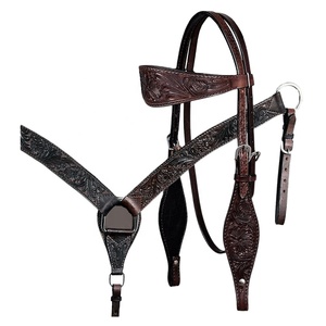 Ensemble de serre-tête et collier de poitrine en cuir véritable occidental abordable avec sculpture à la main et fournisseur de quincaillerie en acier inoxydable - Product Image 1