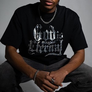 เสื้อยืดโอเวอร์ไซส์ผ้าคอตตอนหนานุ่ม พิมพ์ลายกราฟิกฮิปฮอปสตรีทแวร์แบบจัมโบ้ ประดับด้วยคริสตัล สำหรับผู้ชาย - Product Image 3