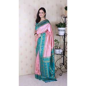 Sari Tradicional de Seda Suave Rosa Bebé con Bordado Zari, Arte Warli, Ropa India y Pakistaní - Product Image 2